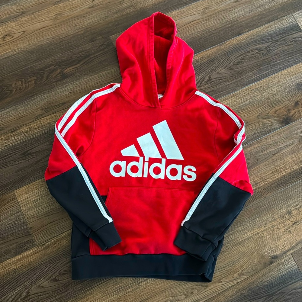 Adidas red, white and black striped hoodie. Size 8 small kids.